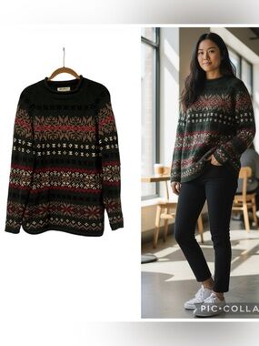 Eddie Bauer Fair Isle Nordic Cotton Sweater Green Red Nordic Knit Size S